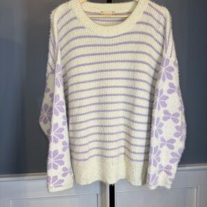 Altar’d State Sweater Womens Size L Drop Shoulder Purple‎ Cream Striped Flowers